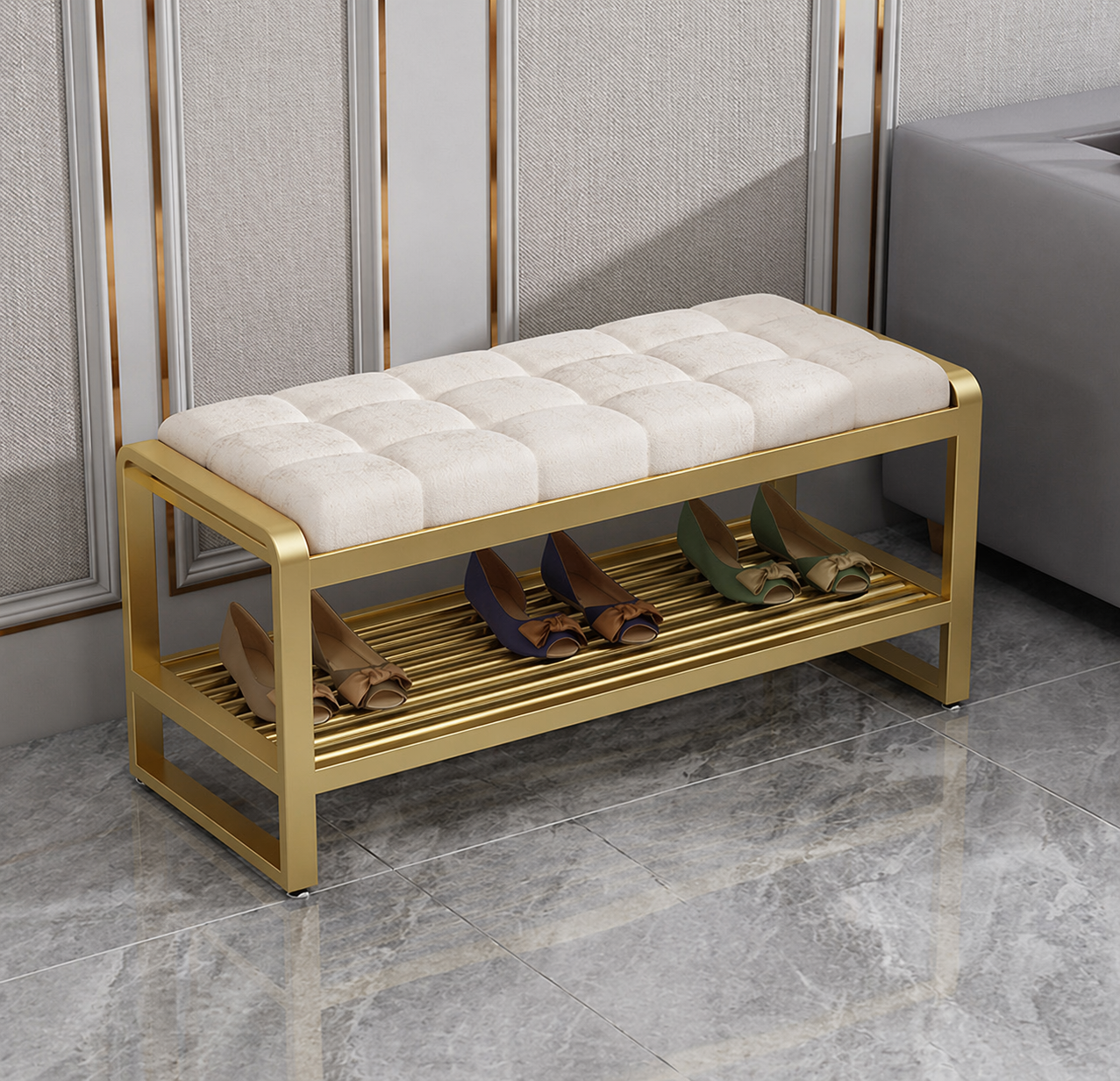 Banc porte-chaussures avec assise en velours